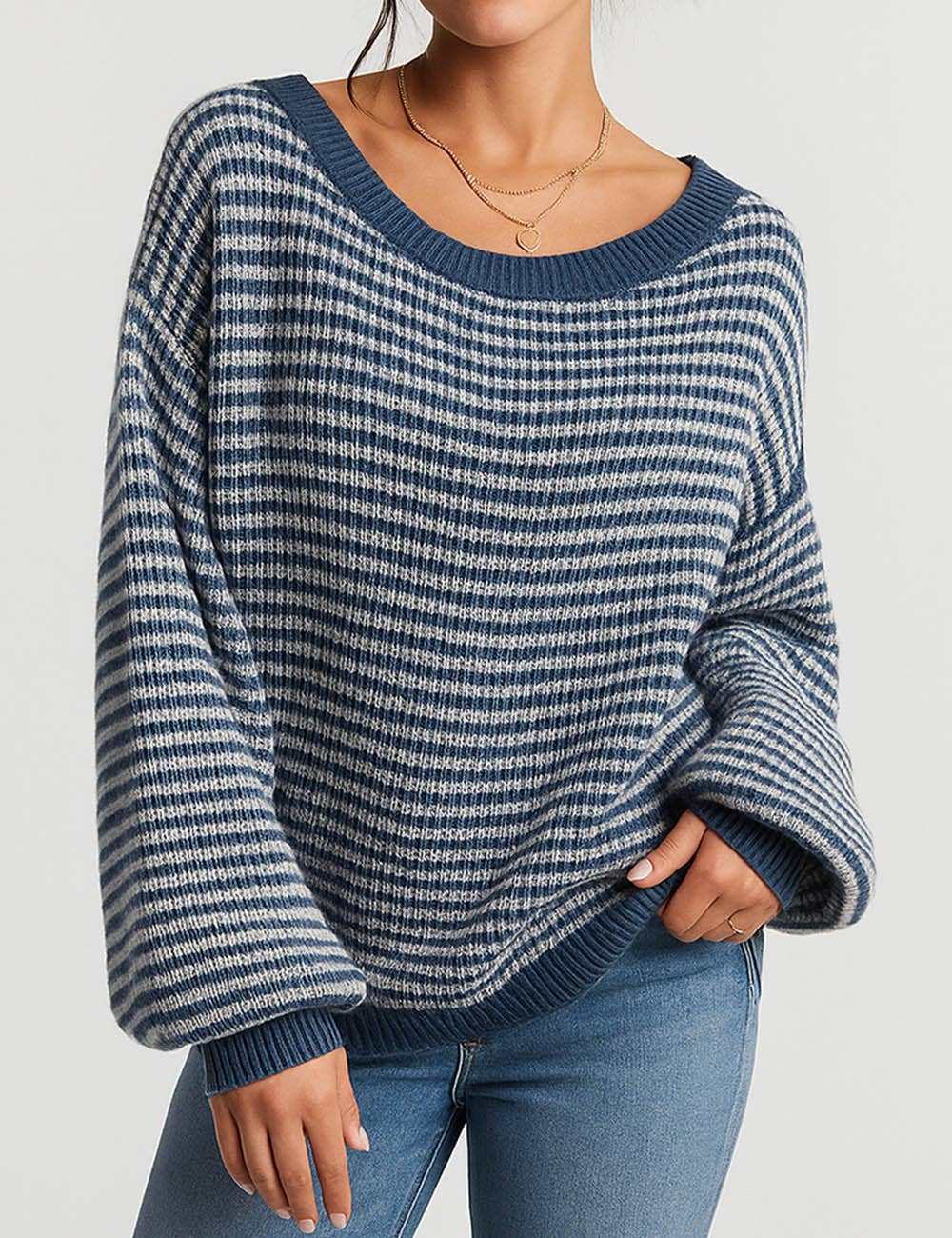 Sweetkama - Wholesale Knit Sweater - Women's - Ladies Striped Pullover Round Neck Lantern Sleeves Knit Sweater0
