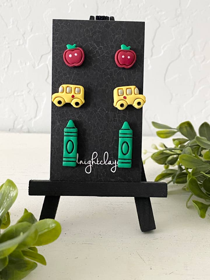 school earrings, teacher jewelry, school bus, crayon, apple for wholesale by midnightclayco