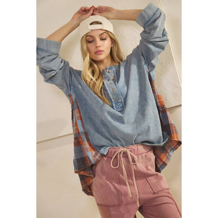 RUSTIC CHARM PLAID CONTRAST TOP (ST7989) for wholesale by Sage + Fig