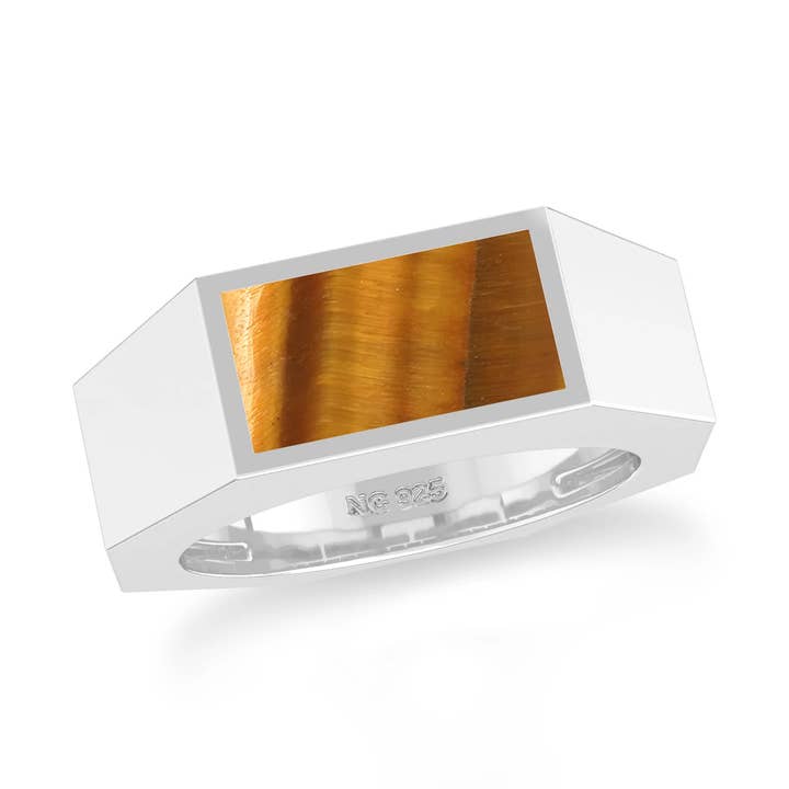Natural Tiger Eye Bauguette Mens Ring, Silver for wholesale by Nature Crafts