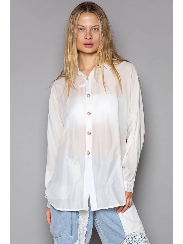 Pol Clothing - Wholesale Button Down Shirt - Women's - Open back batwing long sleeve sheer button down shirt SALE