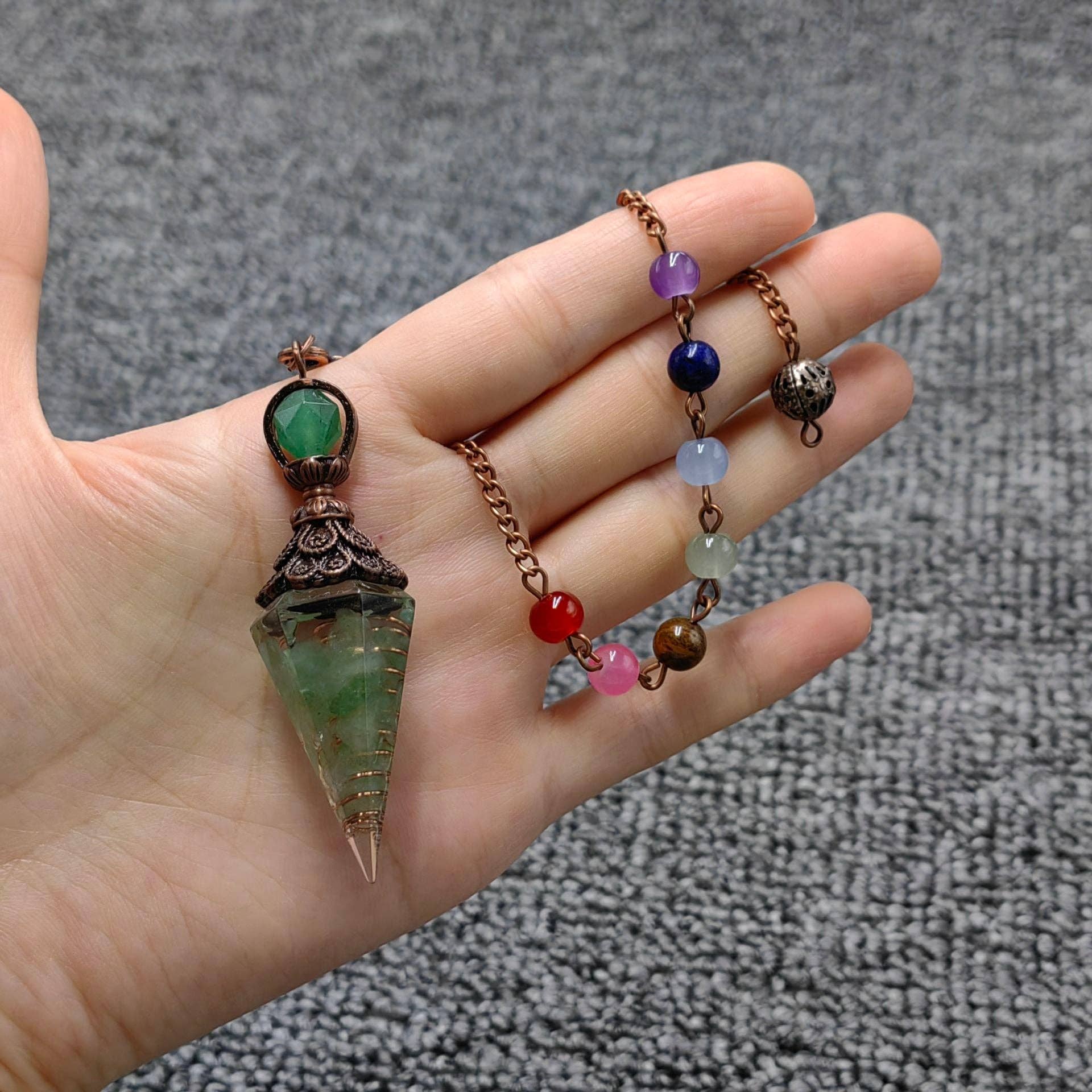 Mio Queena - Wholesale Spiritual Stone/Crystal - Hexagonal Cone Stone Pendulum with Chakra Chain - CS27