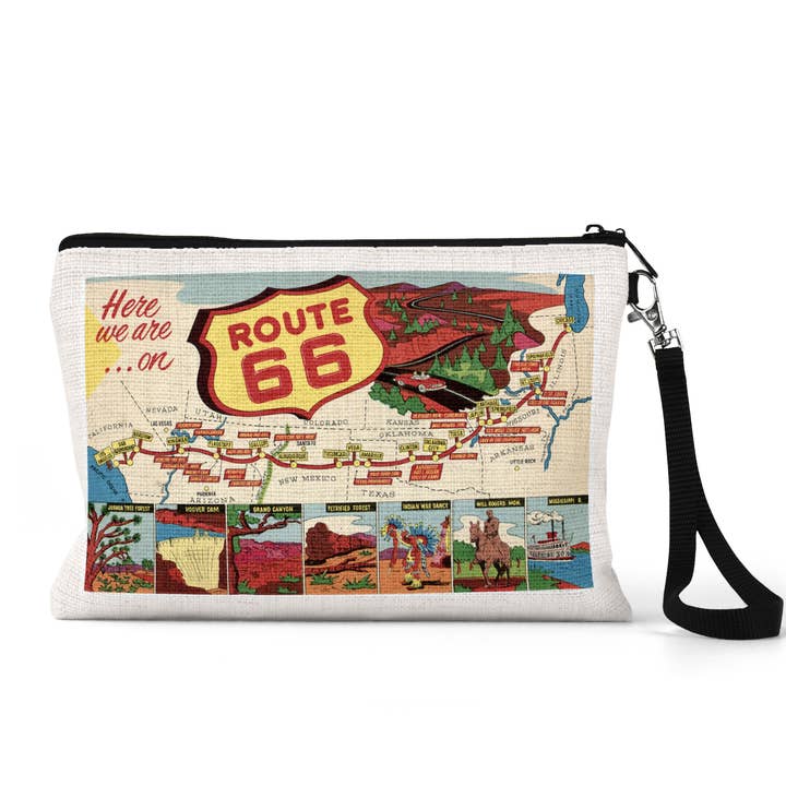 Route 66 Postcard Wristlet Zipper Pouch Makeup Bag for wholesale by Daisy Mae Designs