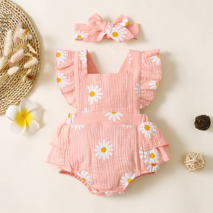 PatPat - Wholesale Bodysuit (Non-Footed) - Baby - 100% Cotton 2pcs Daisy Print Crepe Fabric Baby Romper Set