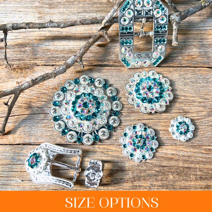 Bright Silver Teal & AB Crystal Conchos - Sizes from 1"- 3" and Buckles for wholesale by Rodeo Drive
