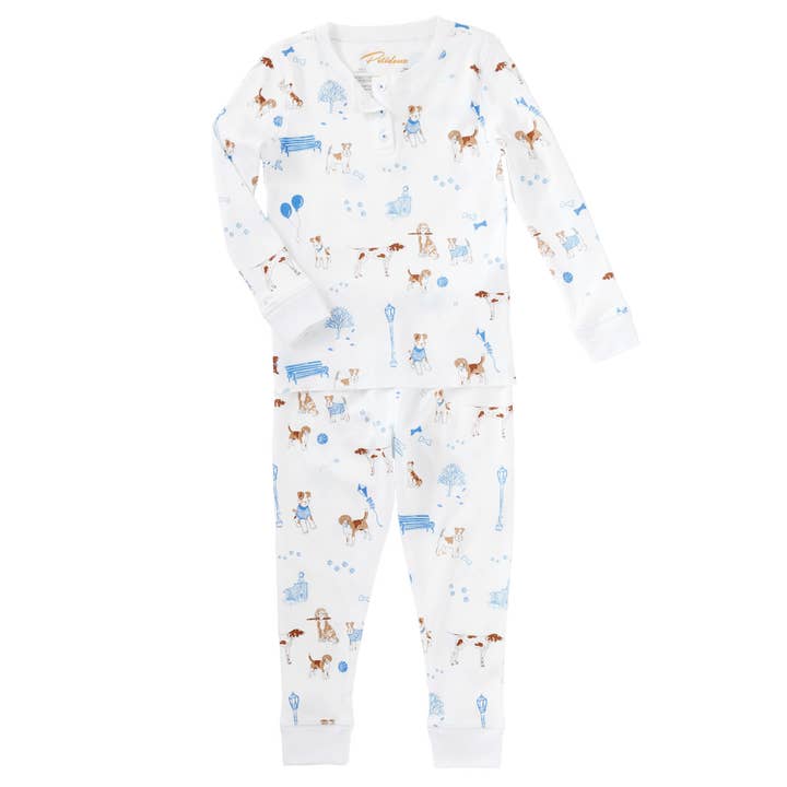 "Pawprints in the Park" Blue Dog Pima Kid Pajama for wholesale by Petidoux
