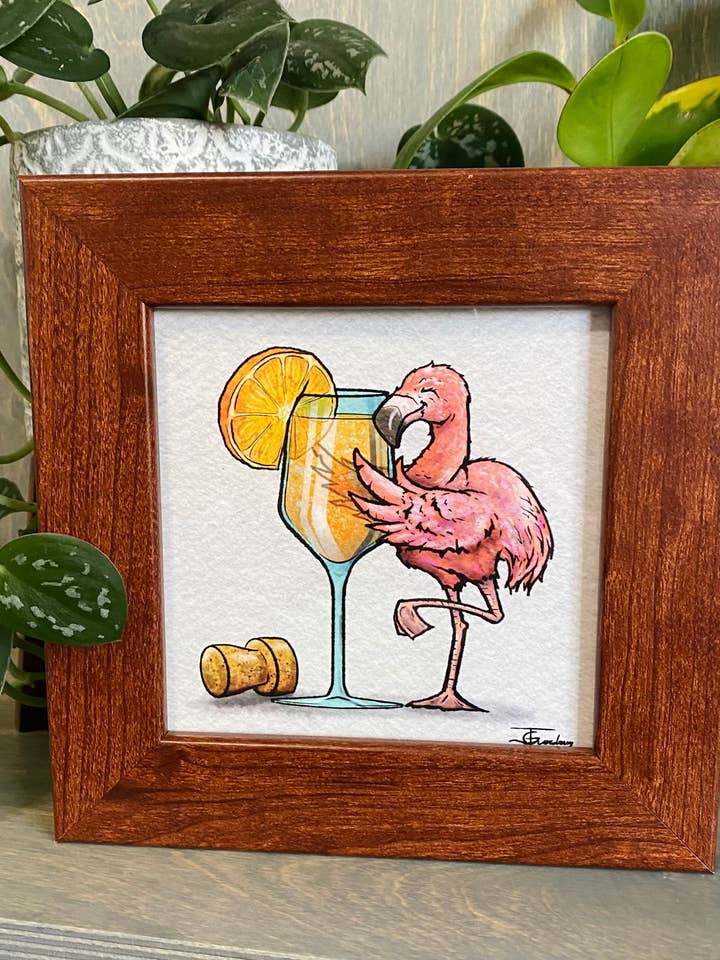 Flamingo Mimosa, Drinking Buddy, Art Print for wholesale by Guerdrum Art