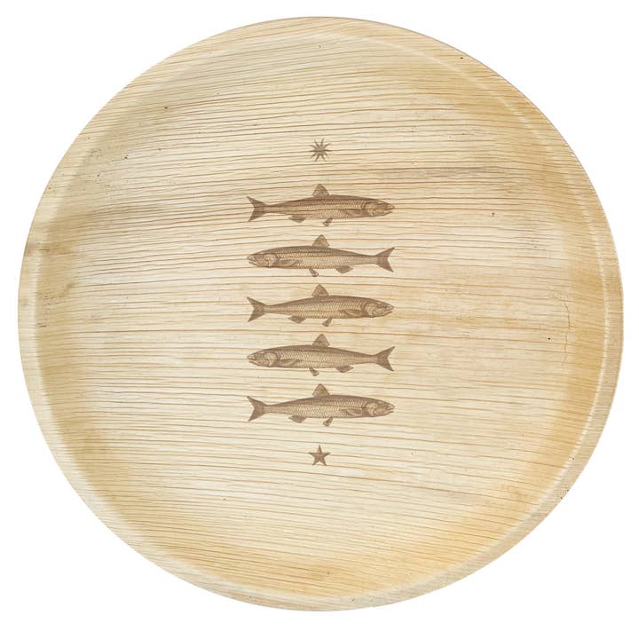 Compostable Palm Leaf Plates - Stacked Fish, 6-12" for wholesale by maaterra