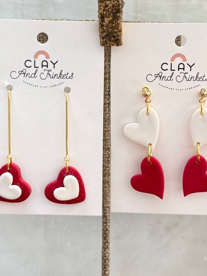 Red and White Heart Dangle Earrings for wholesale by Clay and Trinkets
