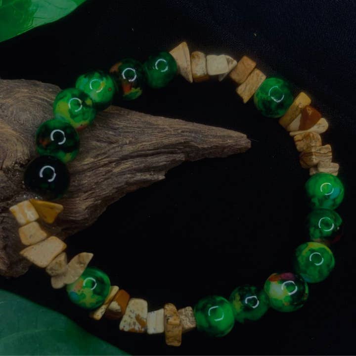Bark Agate and Black Green Stone Chip Bracelet, Stretch for wholesale by Hadi Craft