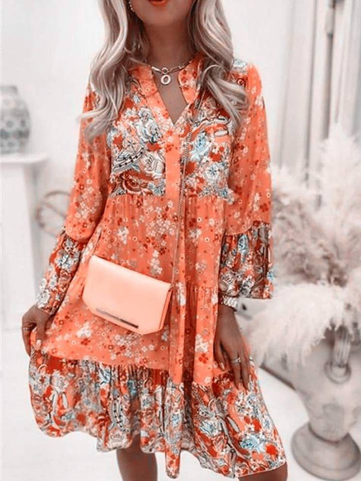 Boho Floral Babydoll Dress – Long Sleeve Tiered A-Line for wholesale by Fashion Combination