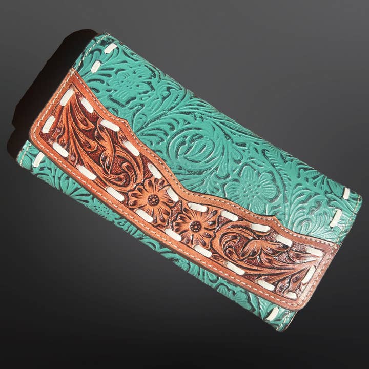 Tooled Leather Turquoise Cowhide Zip Close Wallet for wholesale by Westrian International