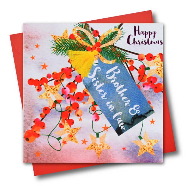 Julekort, bær, bror og svigerinde, kvast pyntet for engroshandel hos Claire Giles Ltd