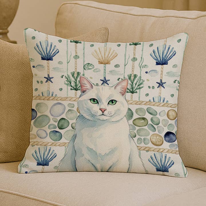 Almofada de Vidro do Mar Branco Sólido Gato Costeiro 14x14 FNT1365 por atacado de Caroline's Treasures