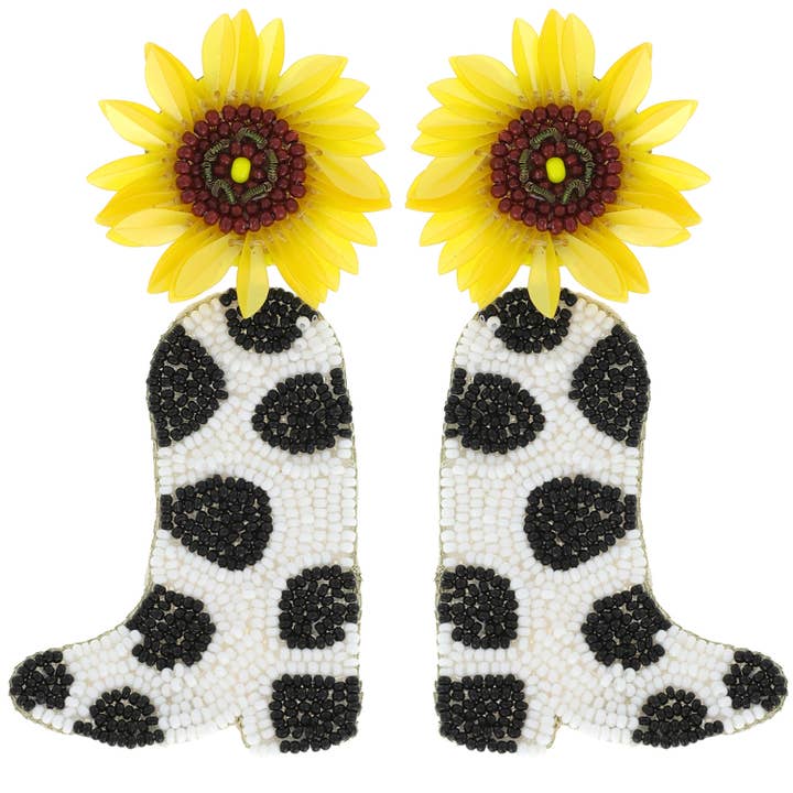 SP Sophia Collection - Wholesale Dangle Earrings - Beaded Sunflower Cow Print Cowboy Boot Dangle Earrings