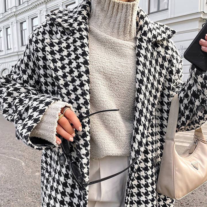 Black and white houndstooth long trench coat for wholesale on Faire3
