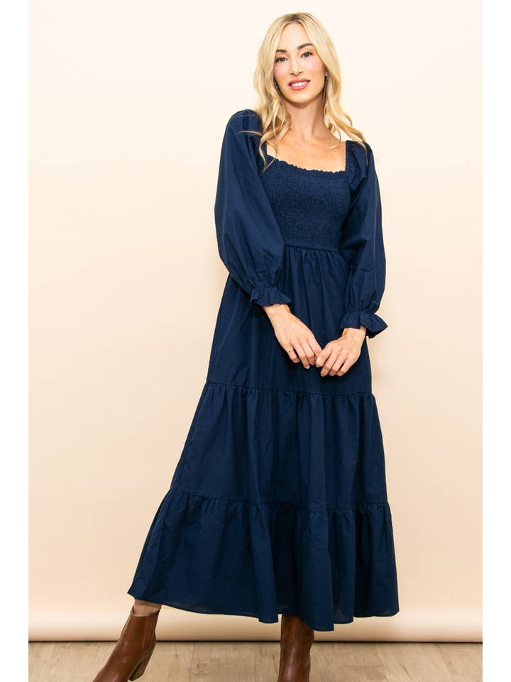 Elloh Collection - Wholesale Dress - Women's - Long Sleeve Smocked Chest Flattering Maxi Dress