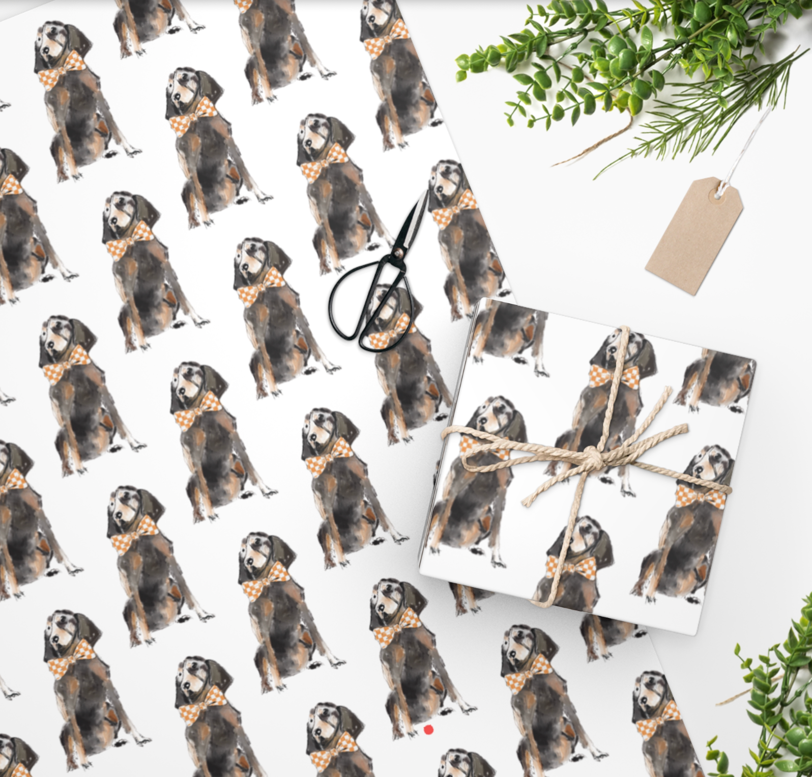Hey Y'all Party - Wholesale Flat Wrap -  Hound Dog Orange and White Tie Reversible Gift Wrap Sheets2