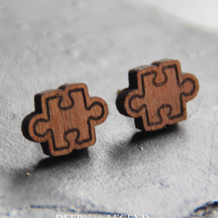 Puzzle Piece Stud Earrings in Wood, Jigsaw Puzzle Earrings for wholesale by Deep Blue Legend Jewelry