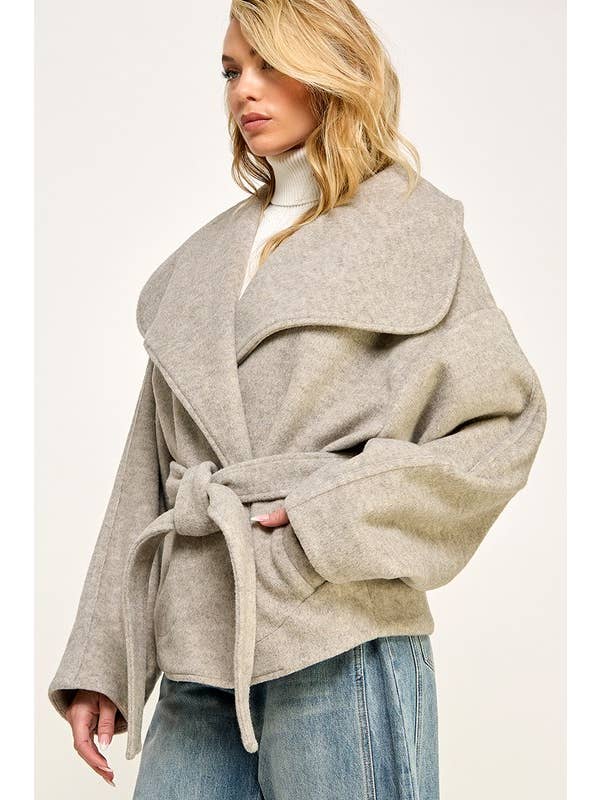 Beige Melange WINTER BIG COLLAR BELTED FLEECE JACKET for wholesale on Faire