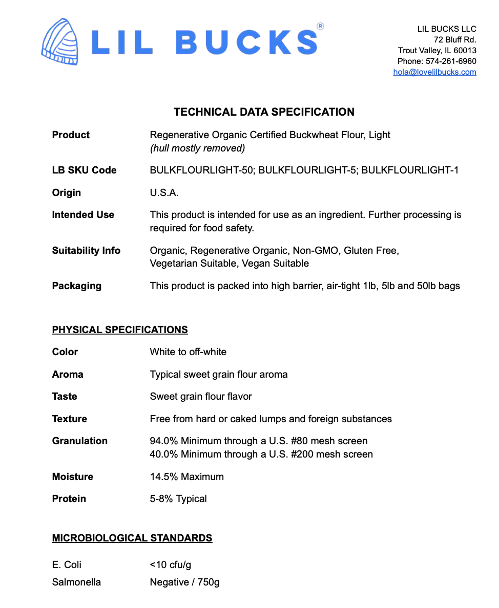 Lil Bucks - Wholesale Gluten-Free Flour - Regenerative Organic Buckwheat Flour (Light or Dark), 50lb7