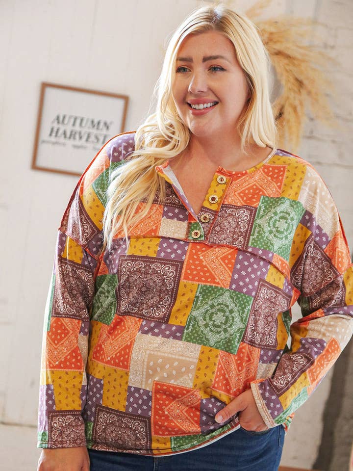 Multicolor Patchwork Button Down Terry Outseam Top for wholesale by Promenade