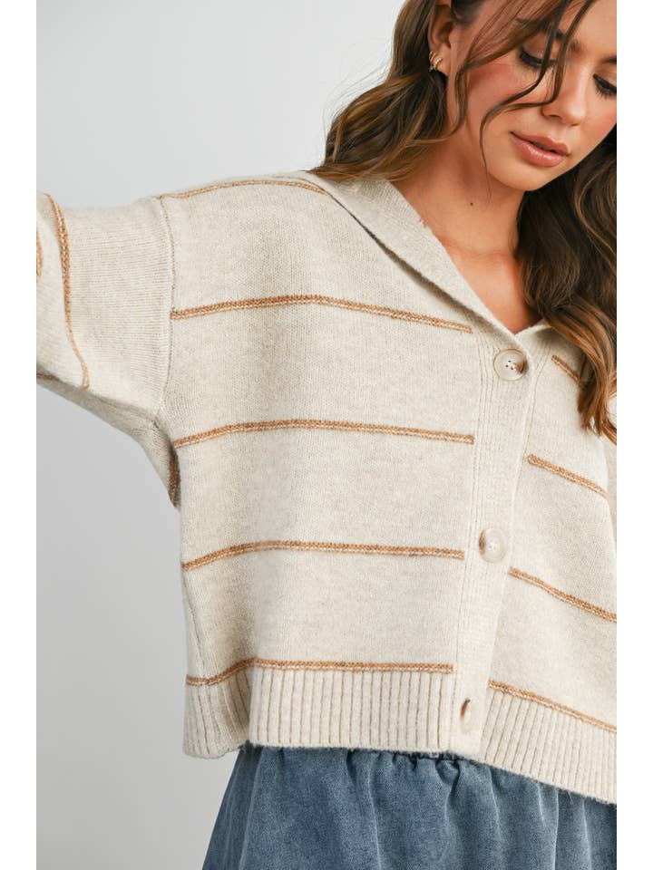 BUTTERMELON - Wholesale Knit Sweater - Women's - Button-Up Striped Collared Long Sleeve Top - BMC788317