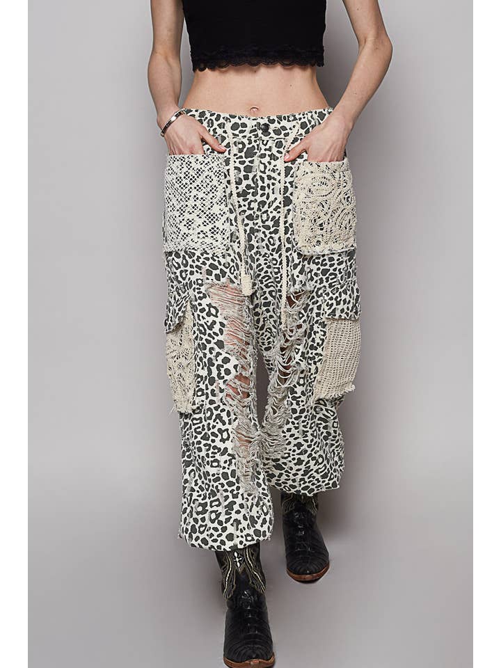 Pol Clothing - Wholesale Pants - Women's - Vintage Wash Crochet Patches Distress Jogger Pants SALE42