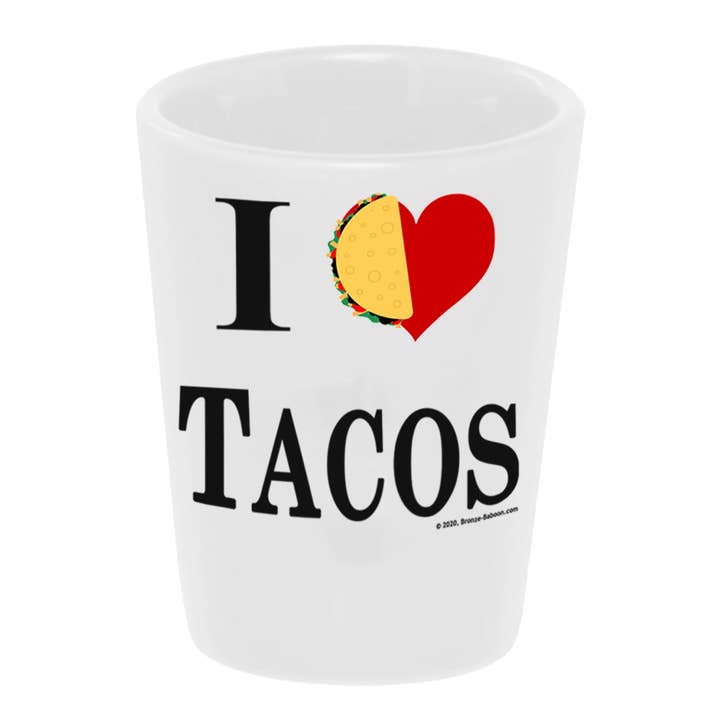 "I Love Tacos" 1.5 oz. Ceramic Shot Glass for wholesale by Bronze Baboon