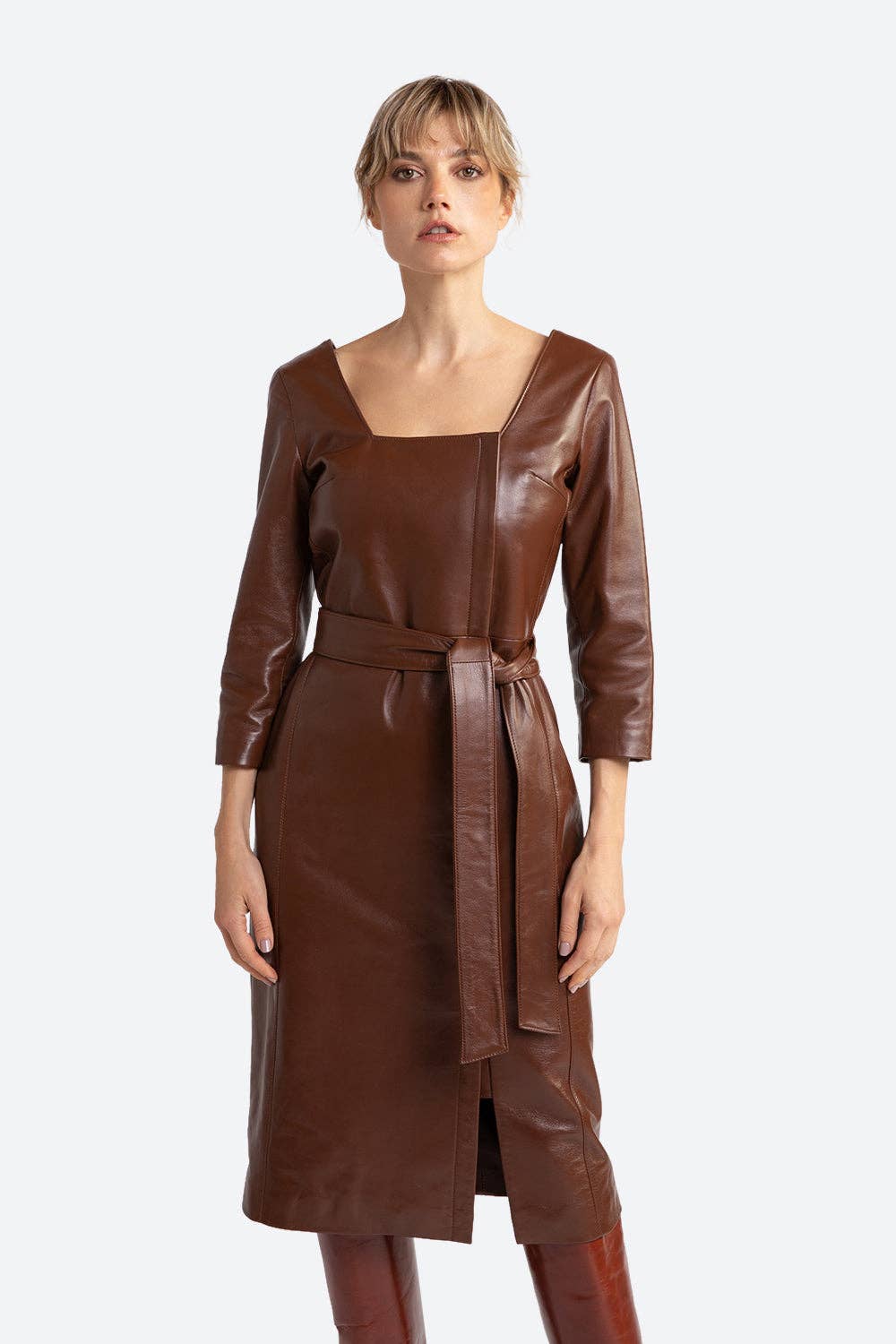 Gaucho Buenos Aires - Wholesale Dress - Women's - Mabel Belted Leather Midi Dress in Chocolate1