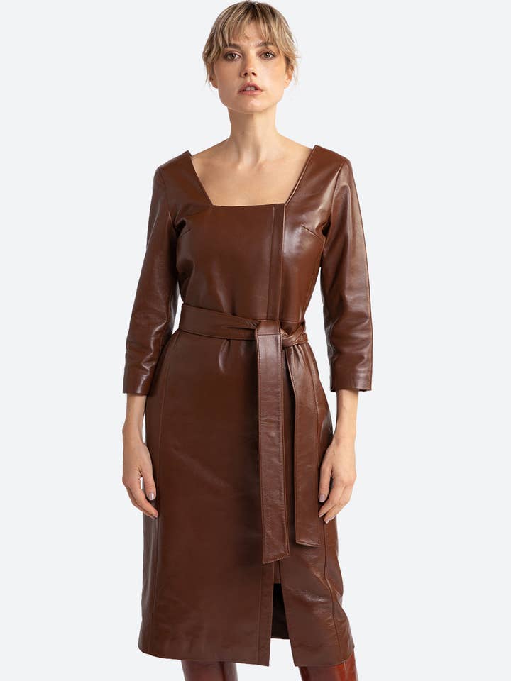 Gaucho Buenos Aires - Wholesale Dress - Women's - Mabel Belted Leather Midi Dress in Chocolate1