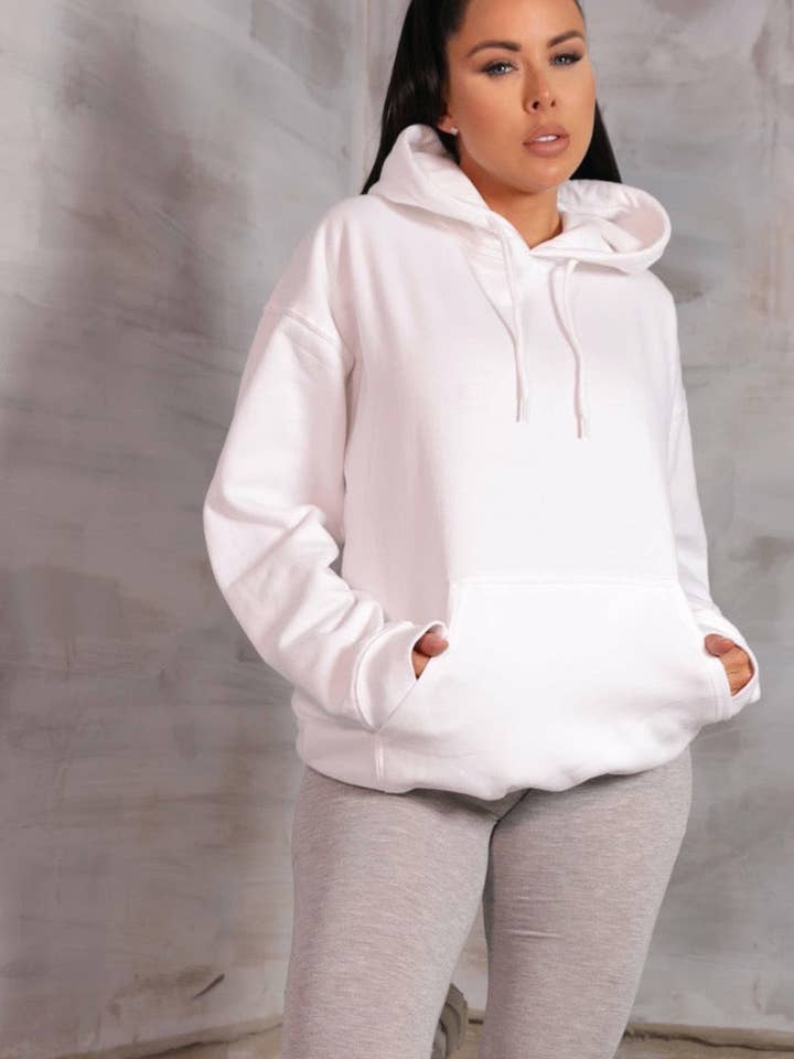 White Oversized Long Sleeve Front Pocket Drawstring Fleece Hoodie - Stella for wholesale by Femme Luxe