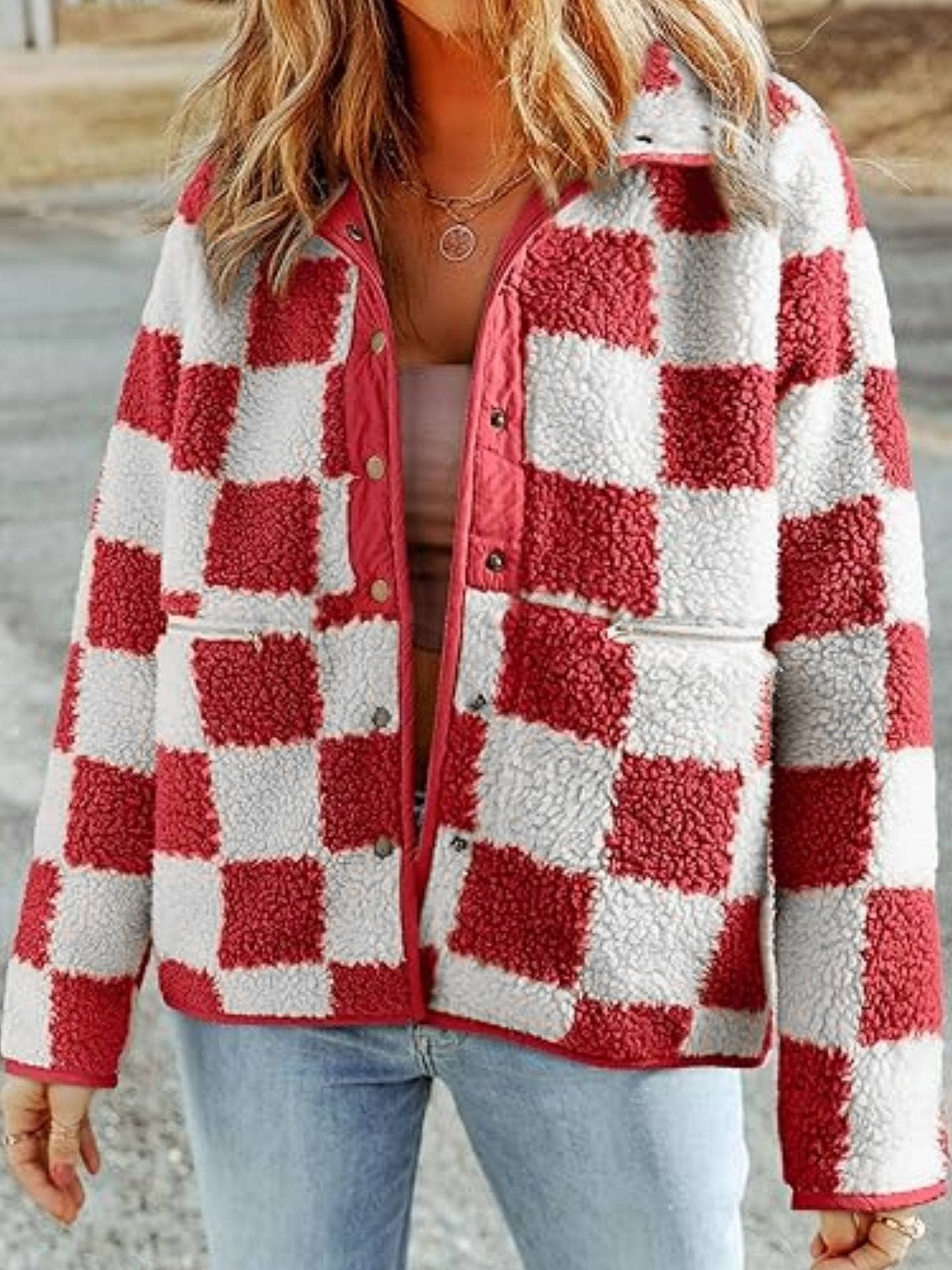 Rosa Clothing - Wholesale Jacket - Women's - Checkered fleece snap buttoned relaxed jacket10
