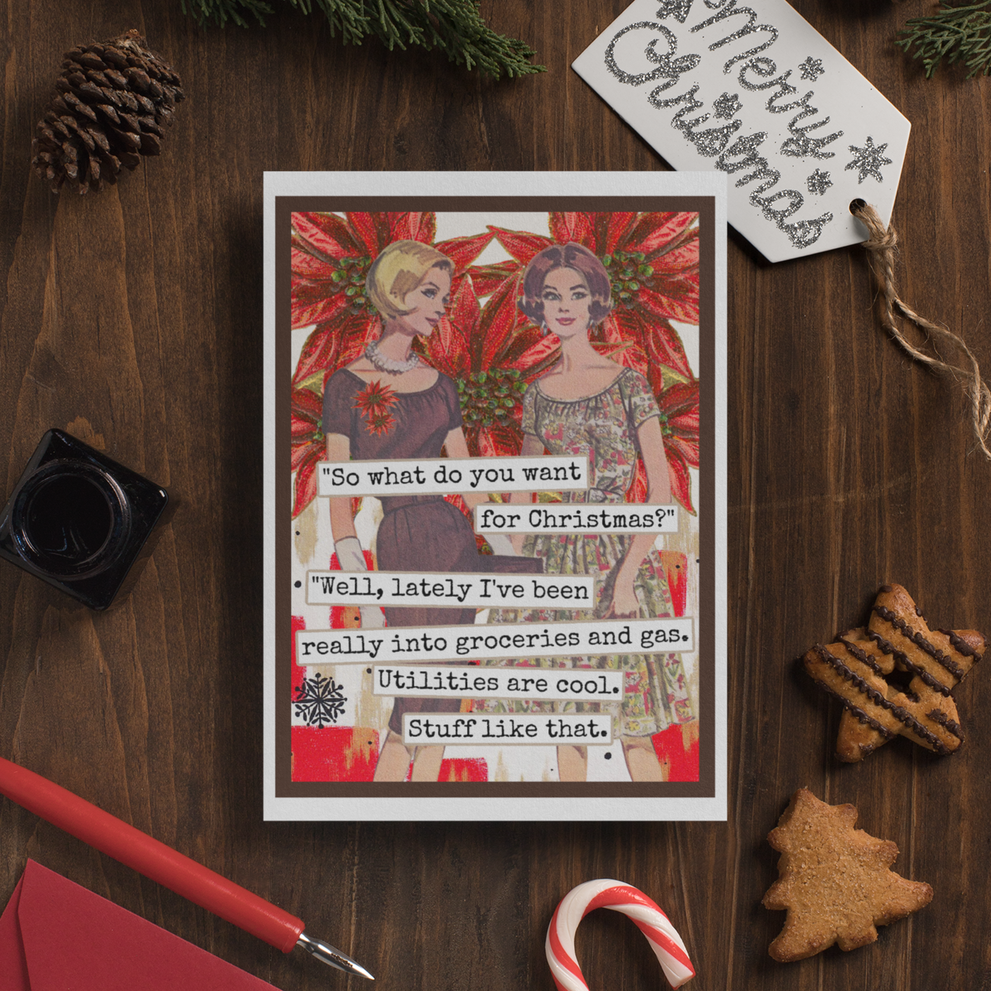 Raven's Rest Studio - Wholesale Kerstkaartje - Grappige kerstkaart. Ik hou echt van boodschappen en gas. Wijnoogst3