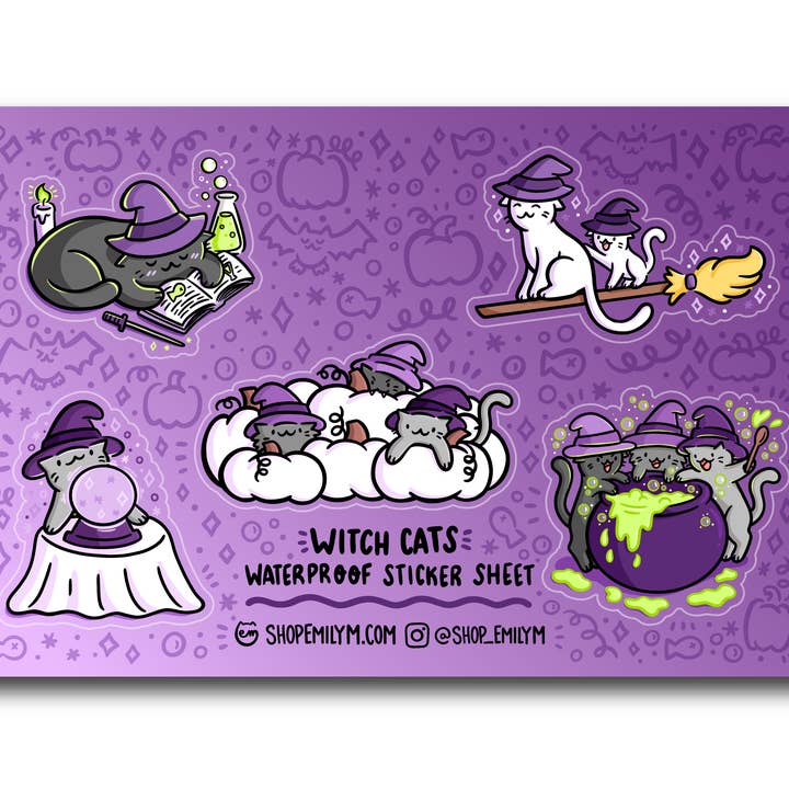 Witch Cats Waterproof Sticker Sheet for wholesale by Shop Emily M