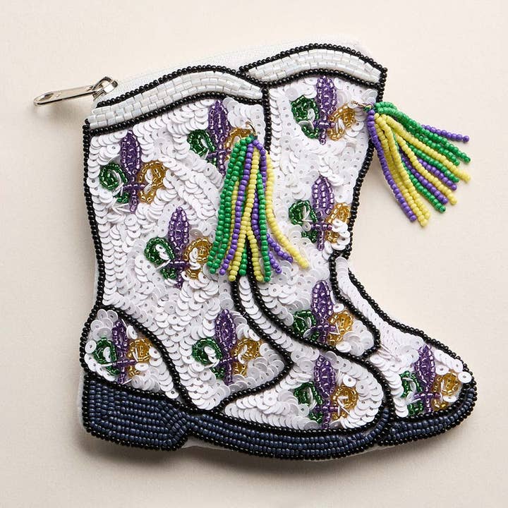Mardi Gras Fleur de Lis Pattern Tassel Boow Seed Beaded Mini Pouch Bag for wholesale by Sensibling Corp.