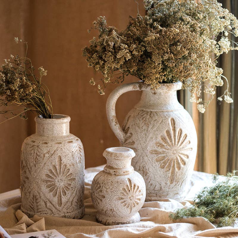 Rustic Reach - Wholesale Vase - Carved Floral Vase in White7