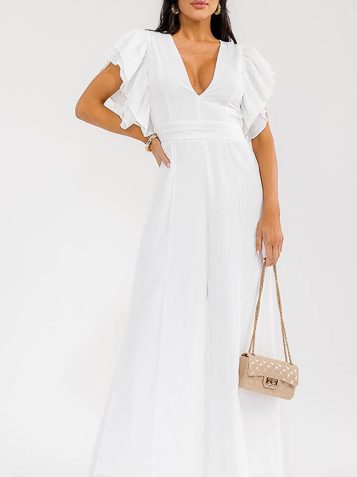 SOLID PLEATED RUFFLE SLEEVE WIDE LEG JUMPSUIT for wholesale by ROUSSEAU
