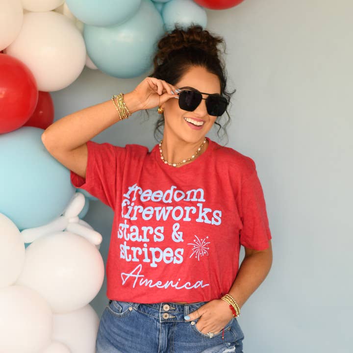 Heather Red RTS Freedom Fireworks Stars & Stripes Tee for wholesale on Faire