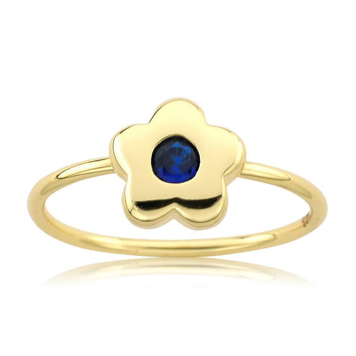 14K Gold Plated Flower Ring with Sapphire Stone for wholesale by Little Miss Twin Stars