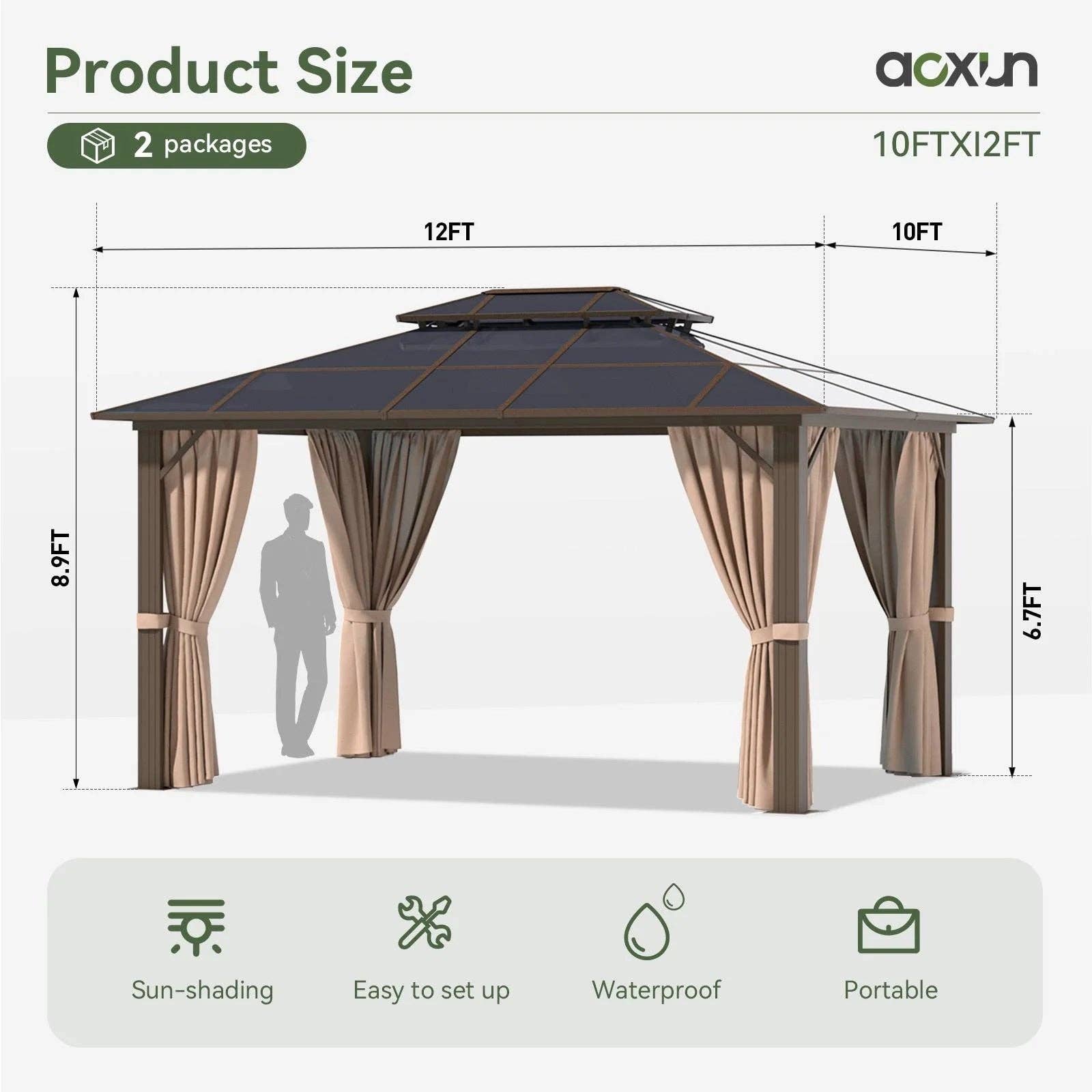 ShipItFurniture - Wholesale Outdoor Ornament/Decor - 10 Ft. X 12 Ft. Hardtop Gazebo, Double Polycarbonate Roof Aluminum Frame Gazebo W/Curtain and Netting, Brown8