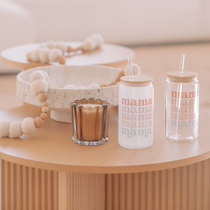 MAMA GLASS TUMBLER W/ BAMBOO LID & GLASS STRAW for wholesale by KNOTS + NOOK