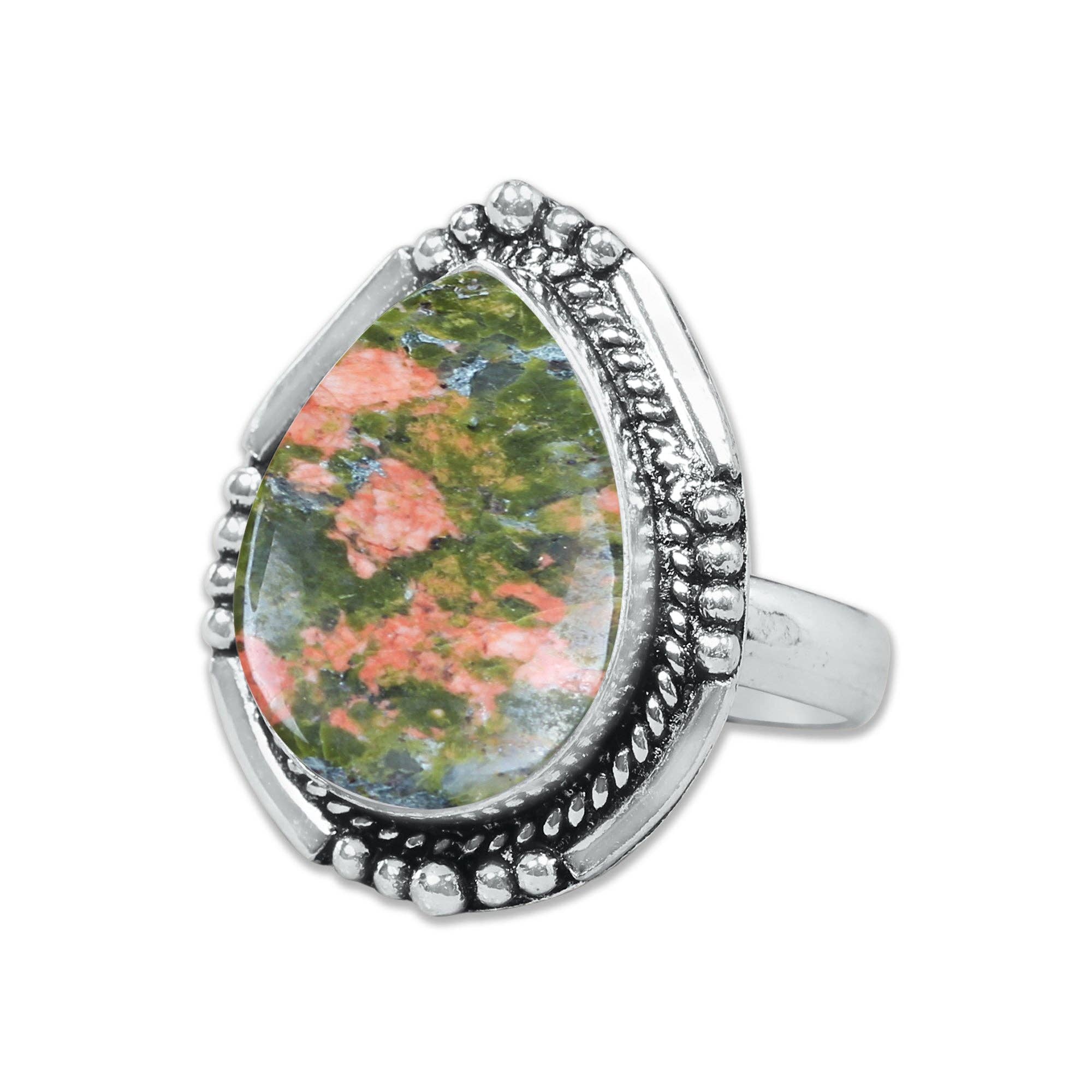 Handmade Jewels - Vente Bague de cocktail/de cérémonie - Bagues en unakite – Fait main, plaqué argent, rose-vert terreux (fabriqué sur commande)18