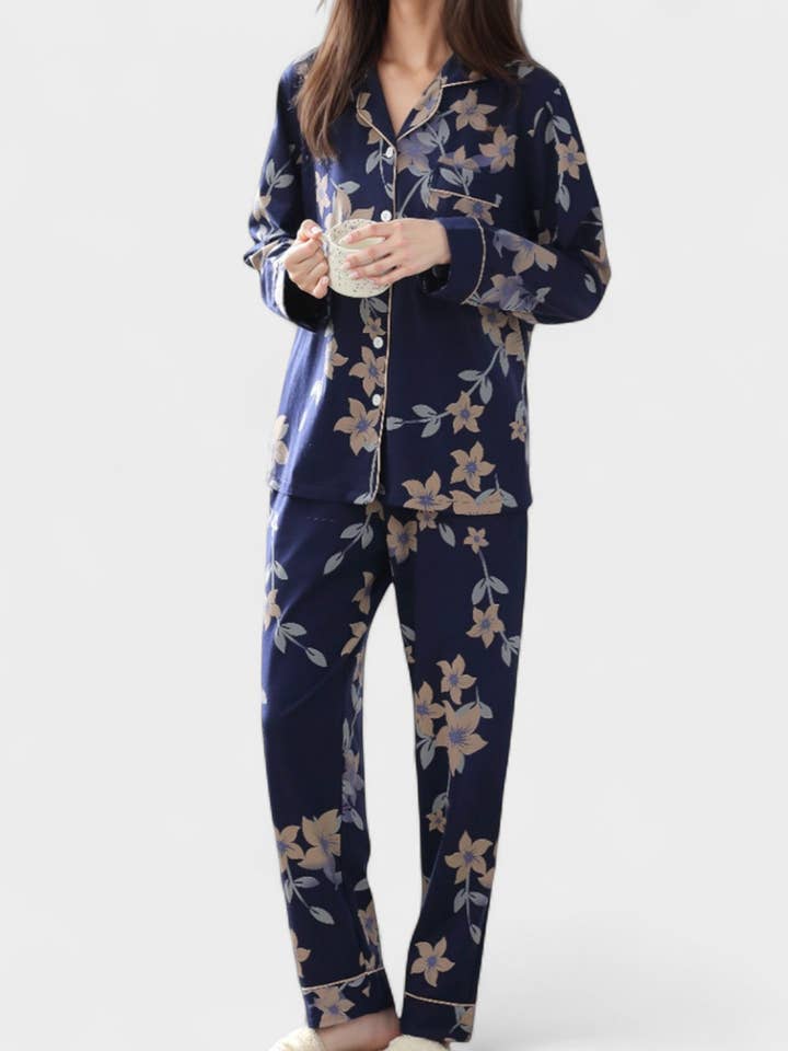 Floral Print Satin Pajama Set Long Sleeve Button-Up Top with Contrast Piping and Matching Lounge Pants for wholesale by Anna Kaci Wholesale