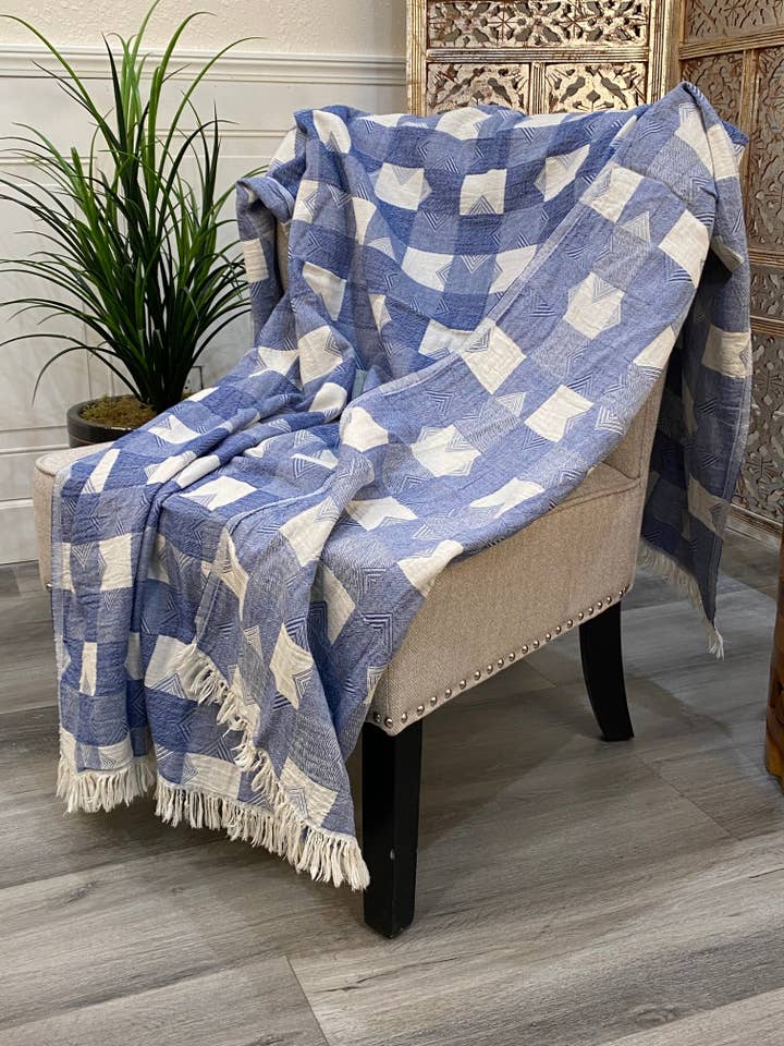 Plaid Highgrove Elba, 100 % coton, 51 x 67, bleu marine/bleu pour la vente par Elite Home Fashions