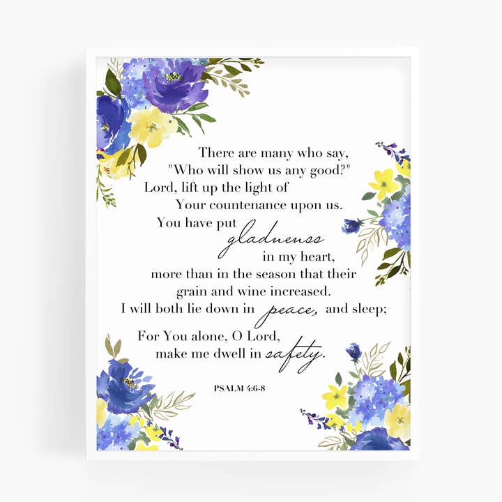 Psalm 4:6-8 | Purple Yellow Watercolor Bible Verse Art Print for wholesale by Scripture and Grace