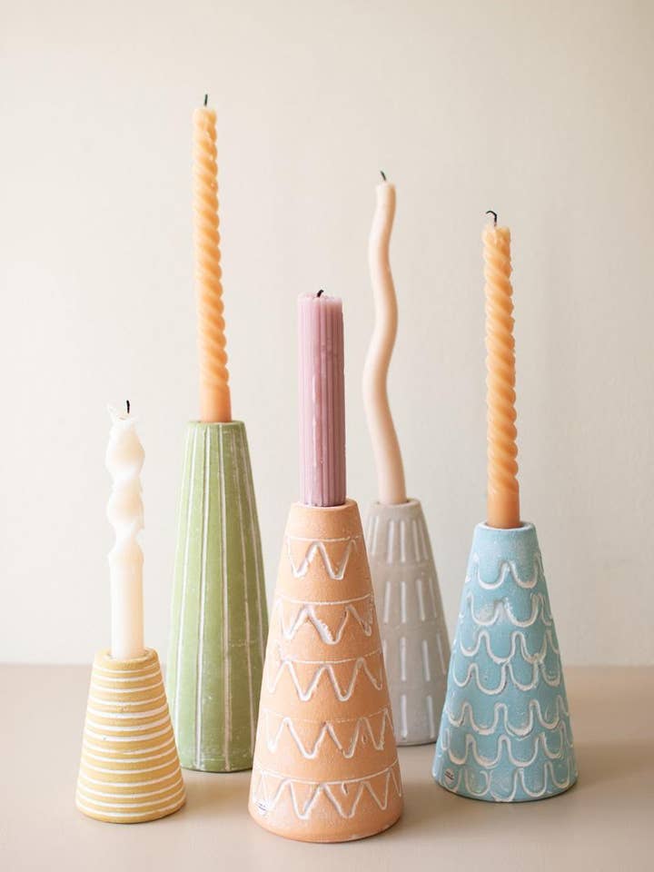 SET OF FIVE PAINTED CLAY PARTY HAT TAPER HOLDERS for wholesale by Kalalou
