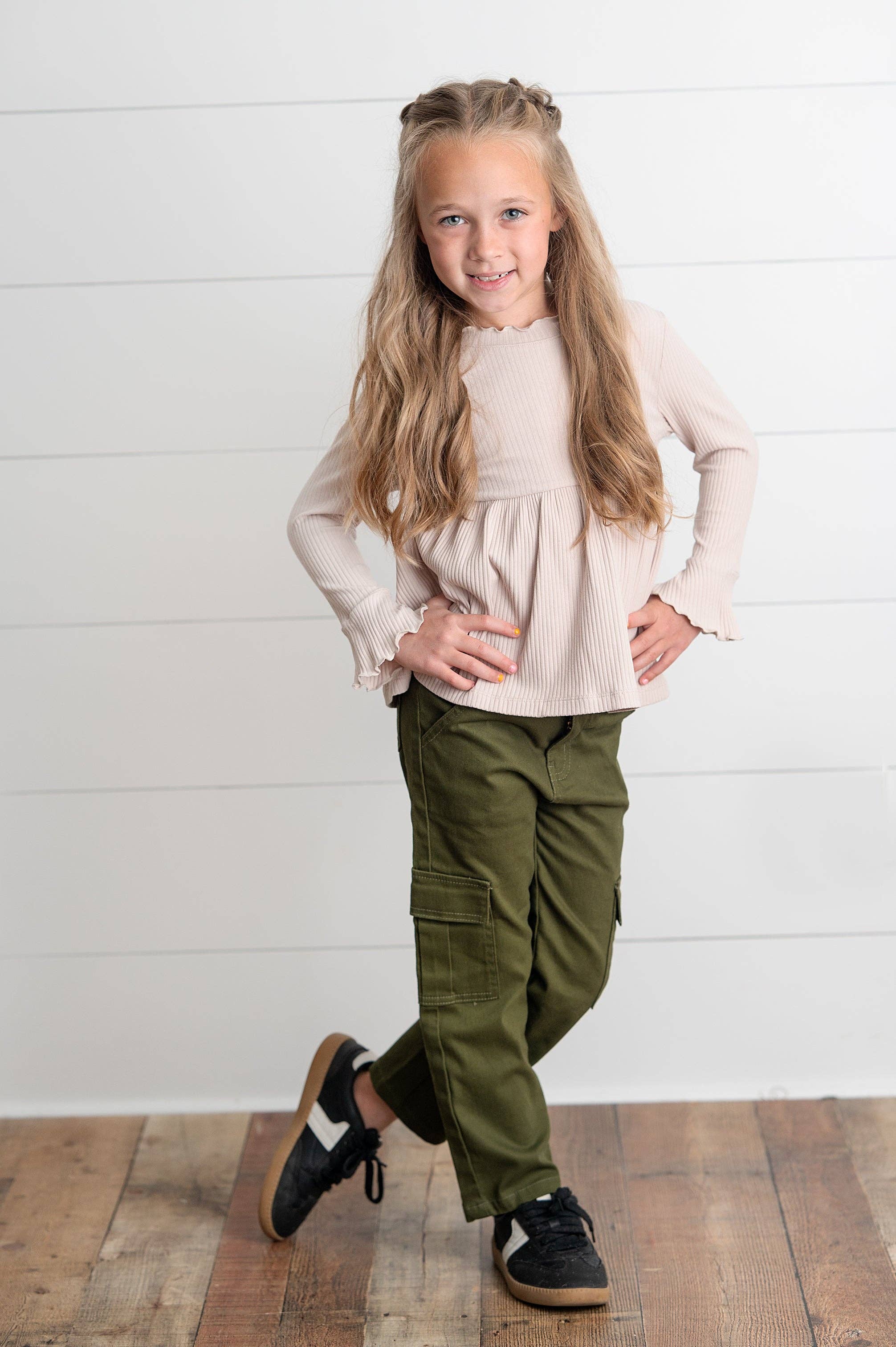 Oopsie Daisy - Wholesale Pants - Kids - Kids Olive Green Denim Cargo Pants With Pockets8