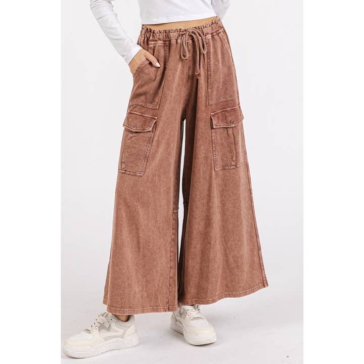 mittoshop - Wholesale Pants - Women's - WASHED FRENCH TERRY CARGO ELASTIC WAIST WIDE LEG PANTS