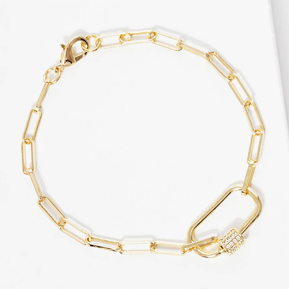 Sensibling Corp. - Wholesale Link & Chain Bracelet - Gold Dipped CZ Carabiner Pointed Paperclip Chain Bracelet1